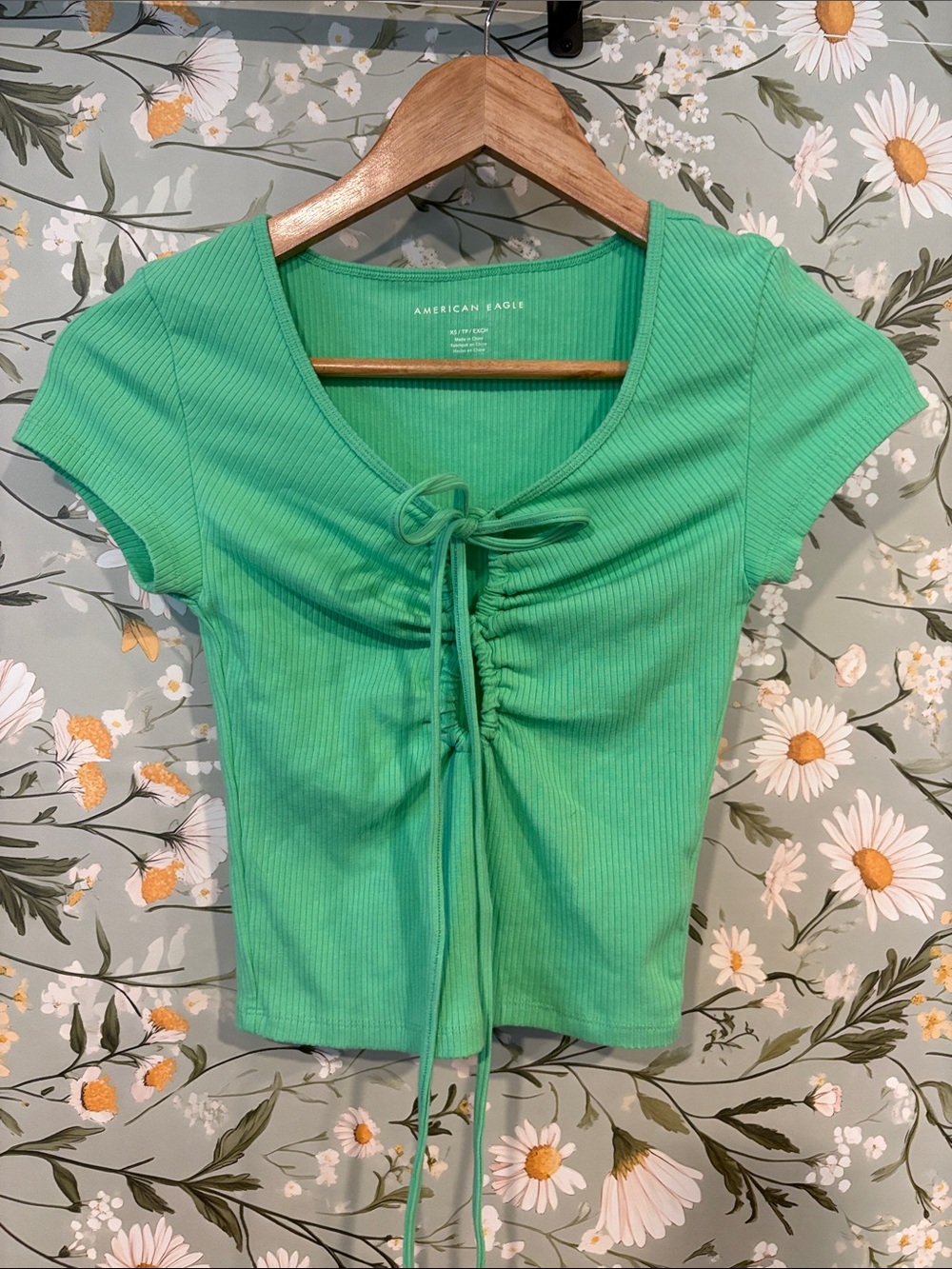 American Eagle Outfitters Bright Green Ribbed Cinch-Front Crop Top